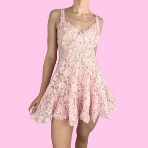 Y2K Pastel Pink Floral Lace Ethereal Fairy Lingerie Mini Dress